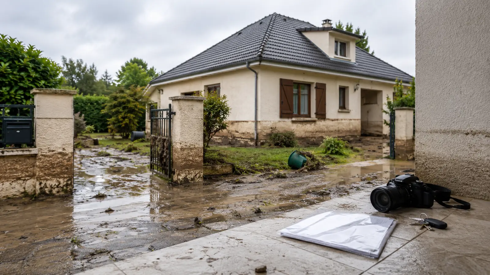 Abords d'une maison maculés de boue après une crue, appareil photo et pochette de documents posés au sol pour constituer un dossier de sinistre