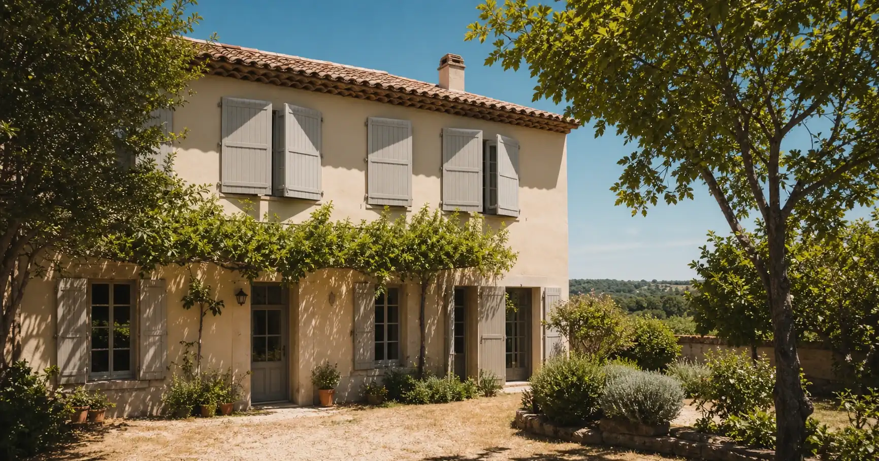 Maison française aux volets fermés pendant un épisode de canicule