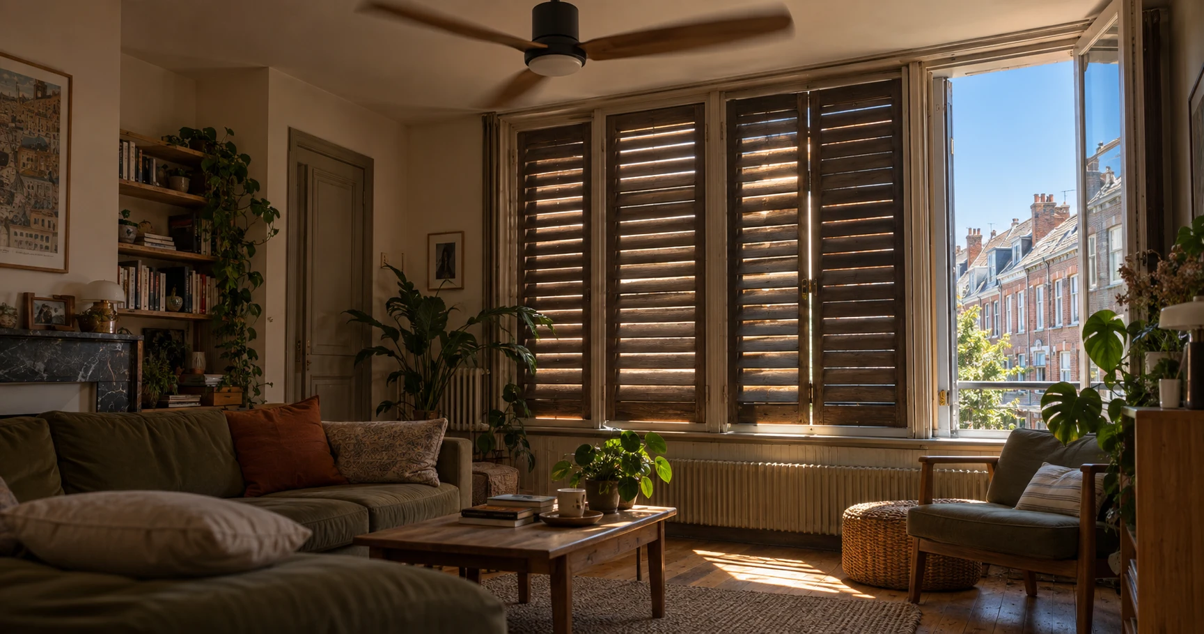 Façade de logement français avec volets fermés pour limiter la surchauffe estivale