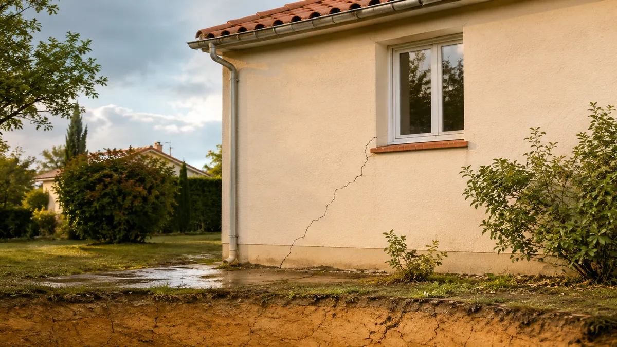 Fissure sur façade de maison individuelle liée au retrait-gonflement des argiles