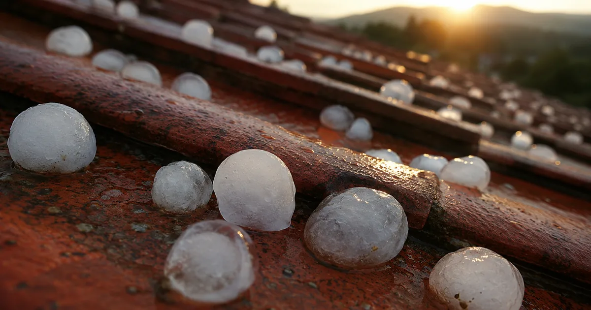 Grêlons sur un toit en tuiles après un orage d'été en France