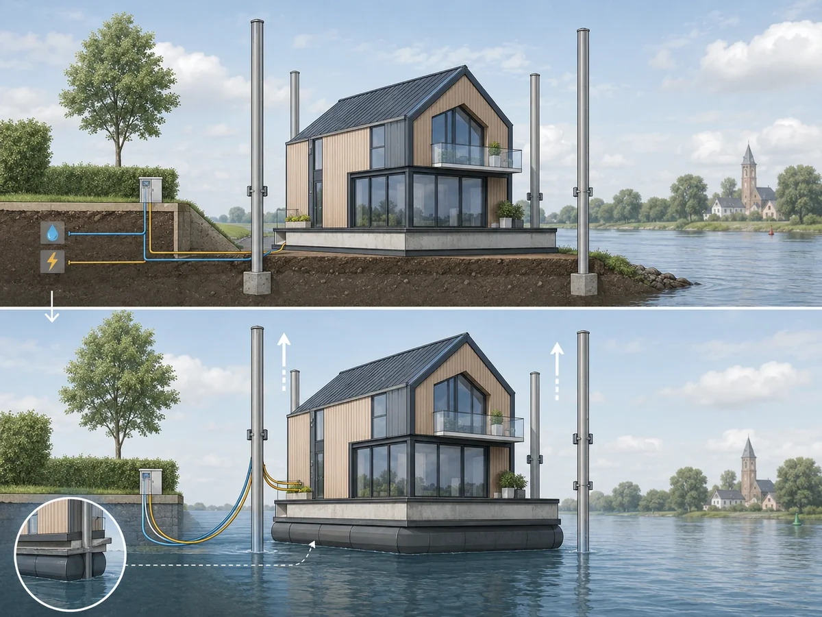 Schéma d'une maison amphibie avant et après une crue, avec fondation flottante et raccordements aux réseaux