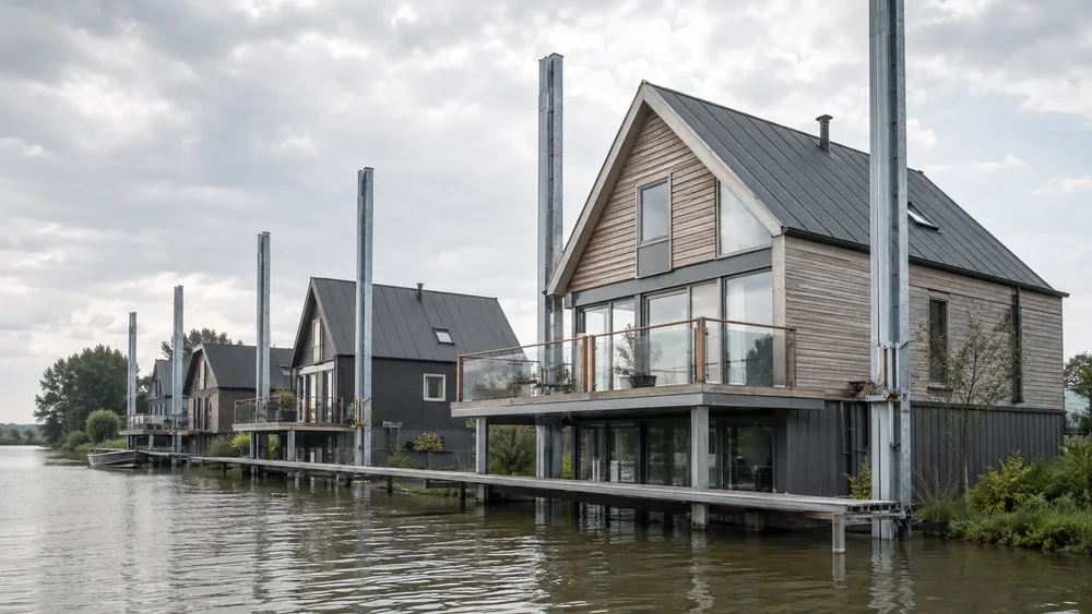 Illustration d'un quartier de maisons amphibies colorées le long d'un canal aux Pays-Bas