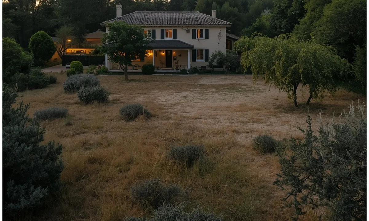 Maison entourée d'un terrain débroussaillé en zone forestière, mesure de protection contre les feux de forêt