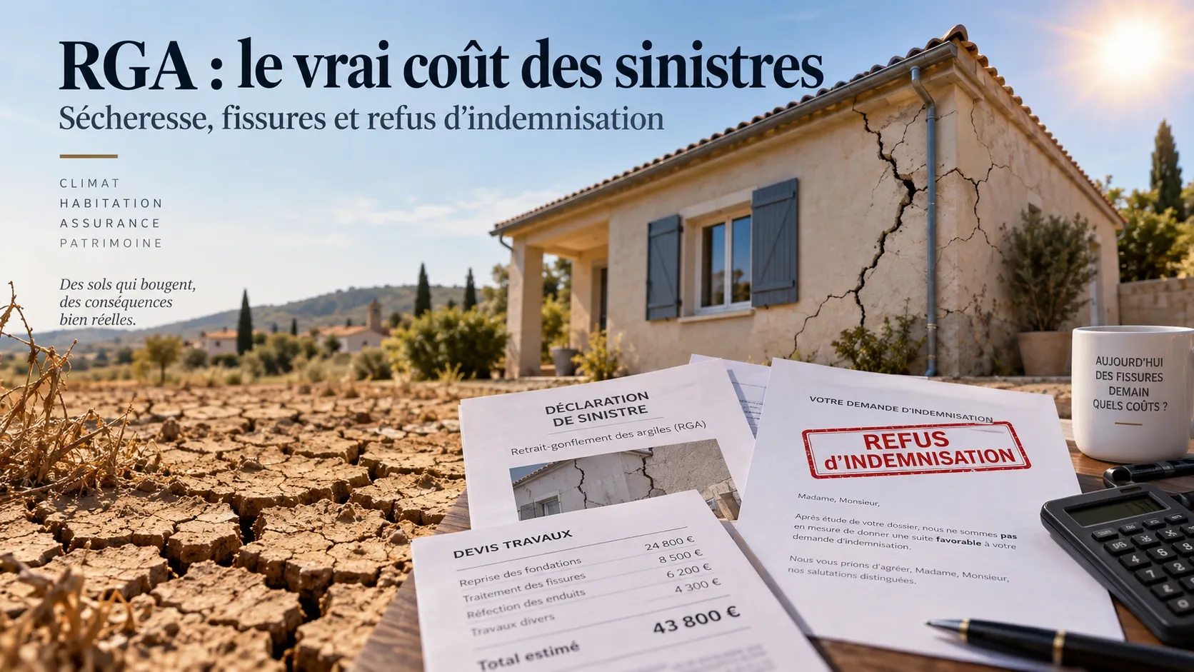 Fissure de façade sur une maison individuelle due au retrait-gonflement des argiles, illustration du coût des sinistres RGA et des refus d'indemnisation