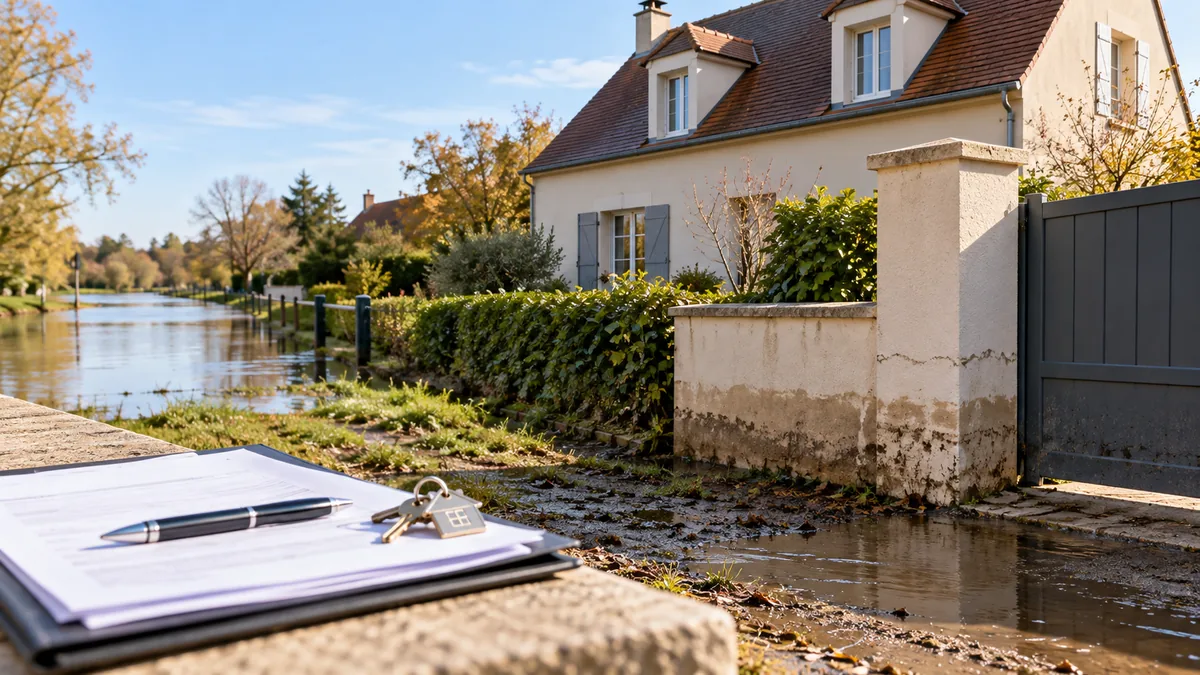 Maison au bord d’une rue inondée, avec un dossier de vente et des clés posés au premier plan