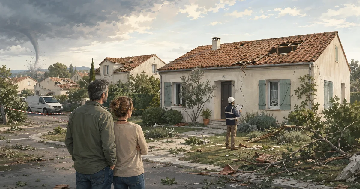 Toiture de maison endommagée après le passage d'une tornade dans l'Aude