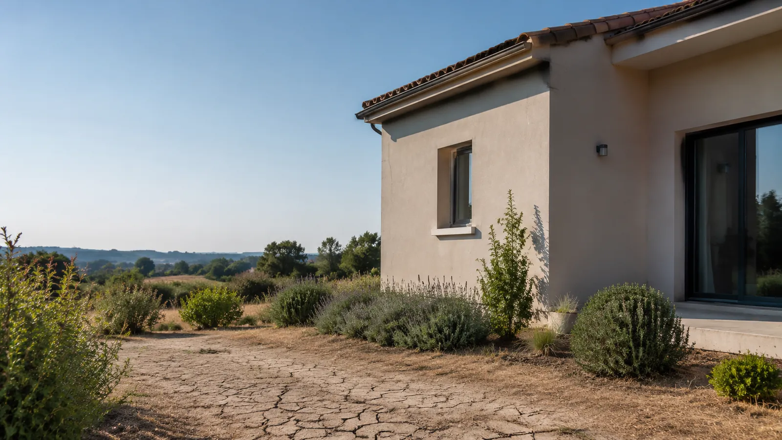 Façade d'une maison sous ciel dégagé et forte lumière estivale, sol de la cour asséché et fissuré, végétation méditerranéenne aux abords