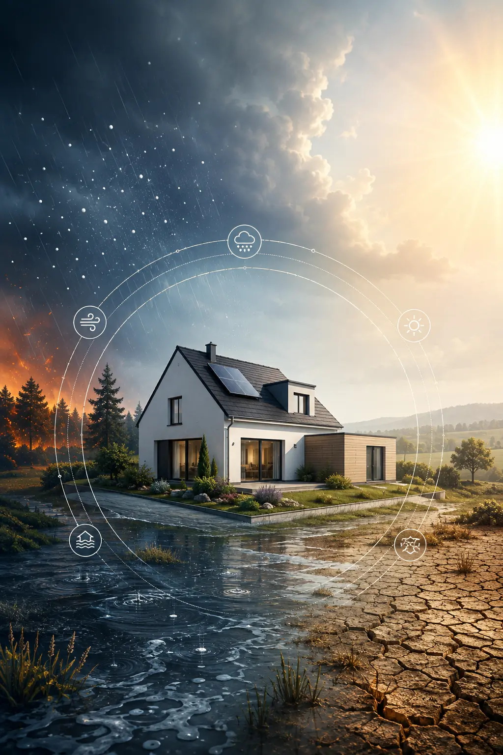 Maison entre intempéries et embellie, illustrant les principaux risques naturels et climatiques traités dans le guide : inondation, sécheresse, feu de forêt, tempête, canicule
