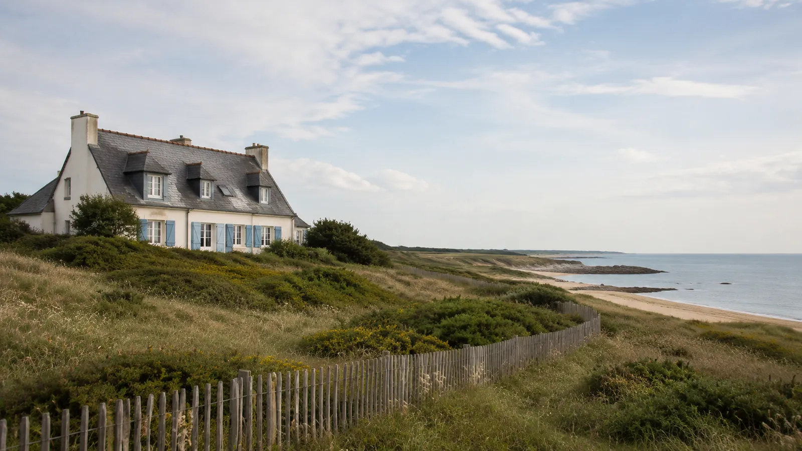 Maison bretonne aux volets bleus en retrait d'une dune couverte de végétation basse, sentier littoral et mer calme en arrière-plan