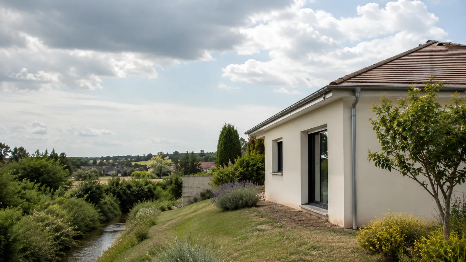 Maison individuelle en tuiles en léger surplomb d'un cours d'eau bordé de végétation, jardin et haies alentour, sous un ciel changeant